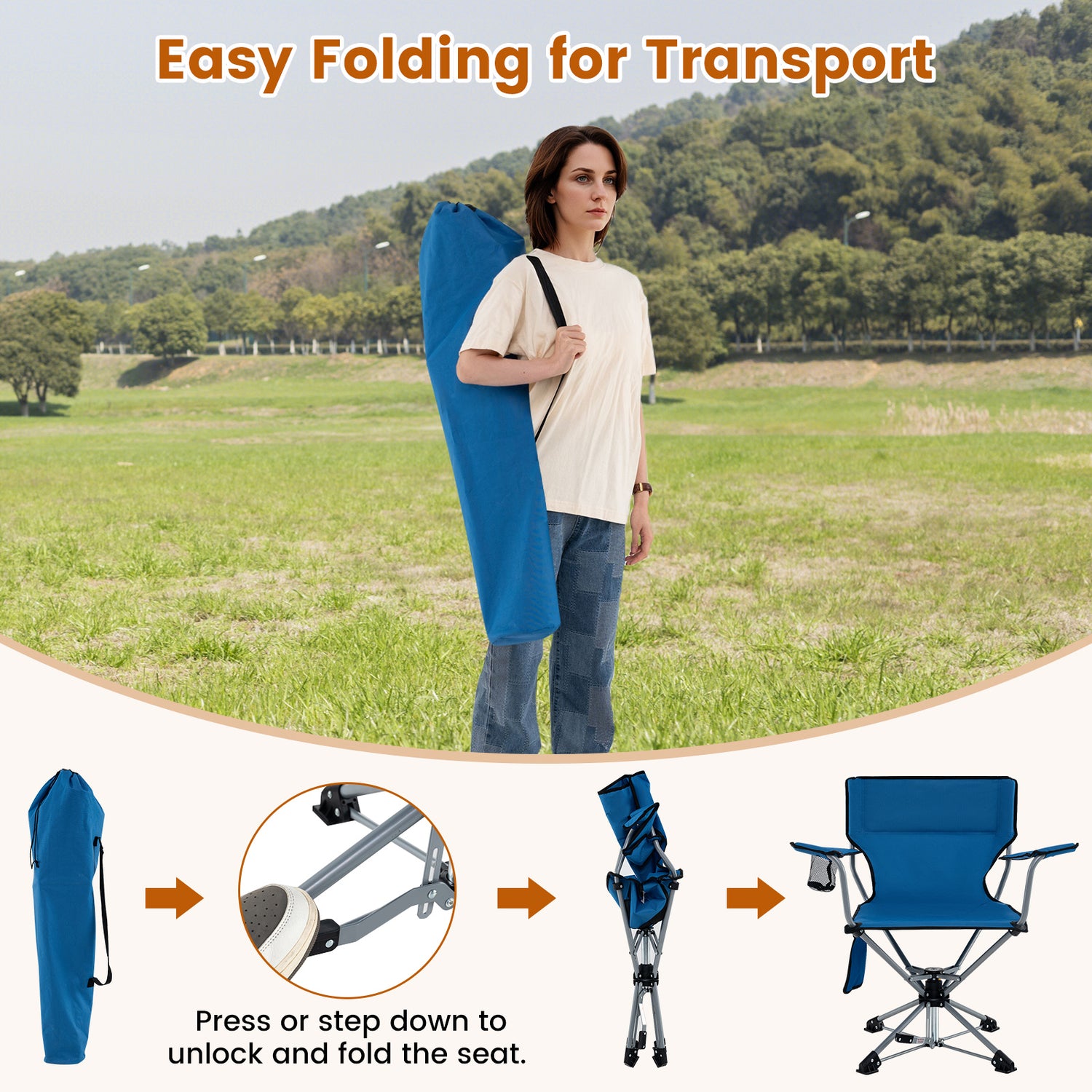 360° Swivel Hunting Chair Portable Foldable Hunting Chair with Mesh Cup Holder and Storage Pockets-Blue