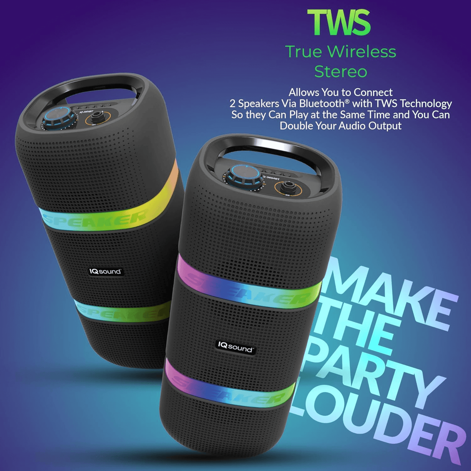 IQ Sound 2 x 4-Inch Portable Bluetooth TWS LED Speaker