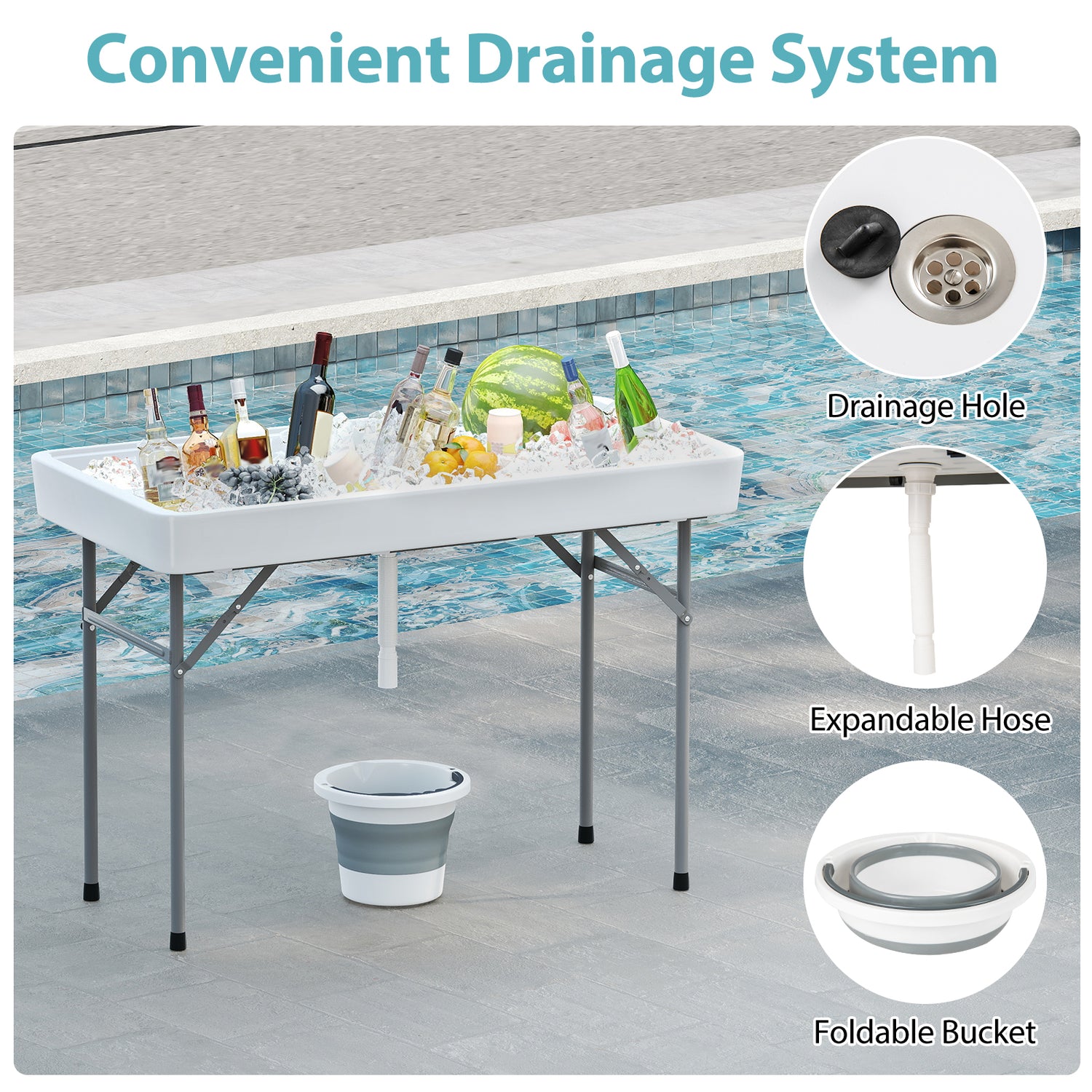 4 Foot Ice Cooler Folding Table Portable Ice Bin Table with Large Sink-White