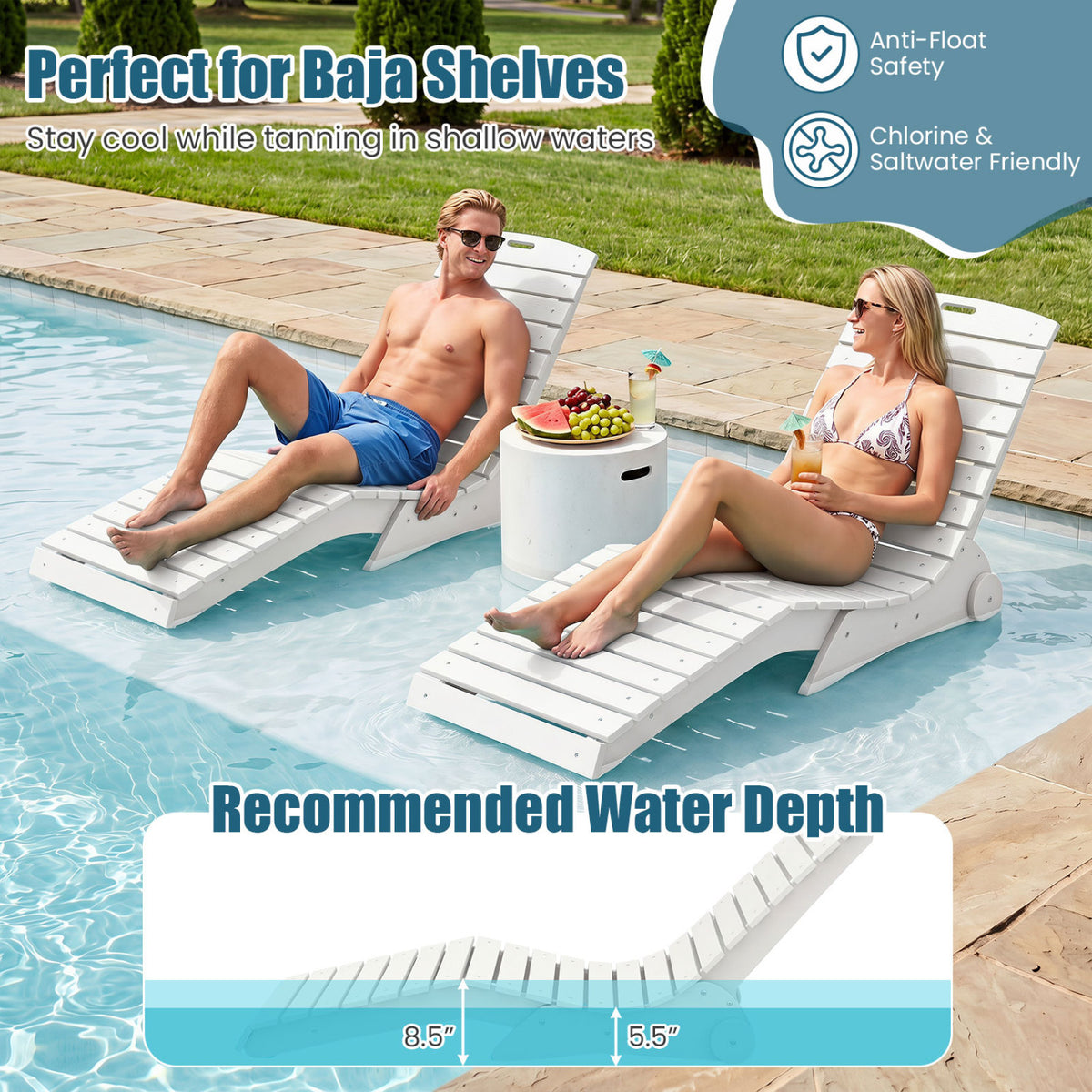 In-Pool Lounge Chair with Weighted Anti-Floating Design 450 LBS for Baja Shelf