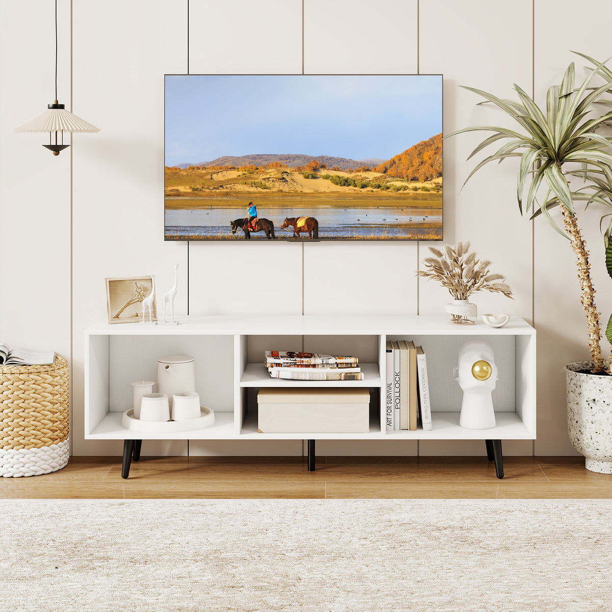 TV Stand for 55-Inch TV with Compartments and Metal Legs