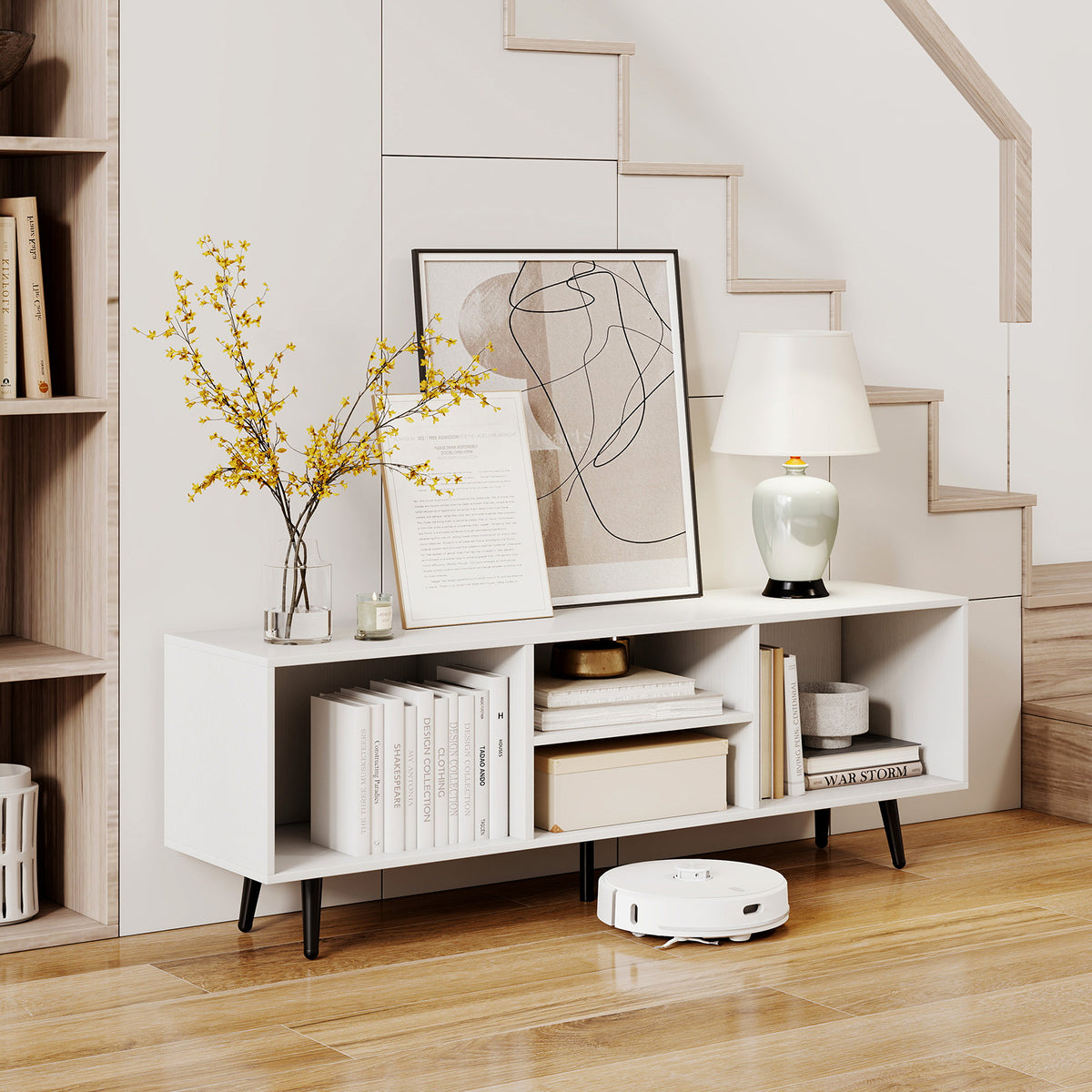 TV Stand for 55-Inch TV with Compartments and Metal Legs