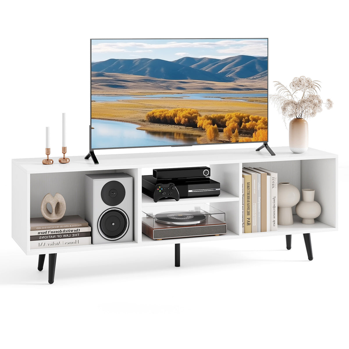 TV Stand for 55-Inch TV with Compartments and Metal Legs