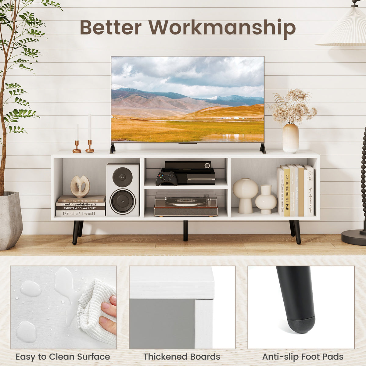 TV Stand for 55-Inch TV with Compartments and Metal Legs