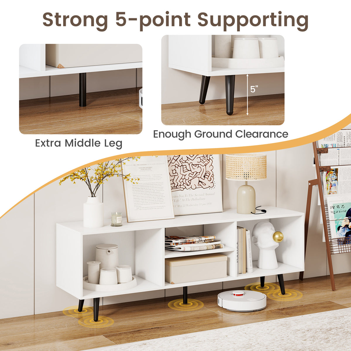 TV Stand for 55-Inch TV with Compartments and Metal Legs