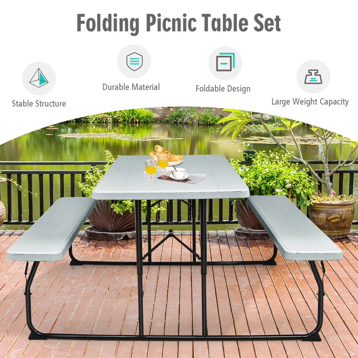 Indoor and Outdoor Folding Picnic Table Bench Set with Wood-like Texture