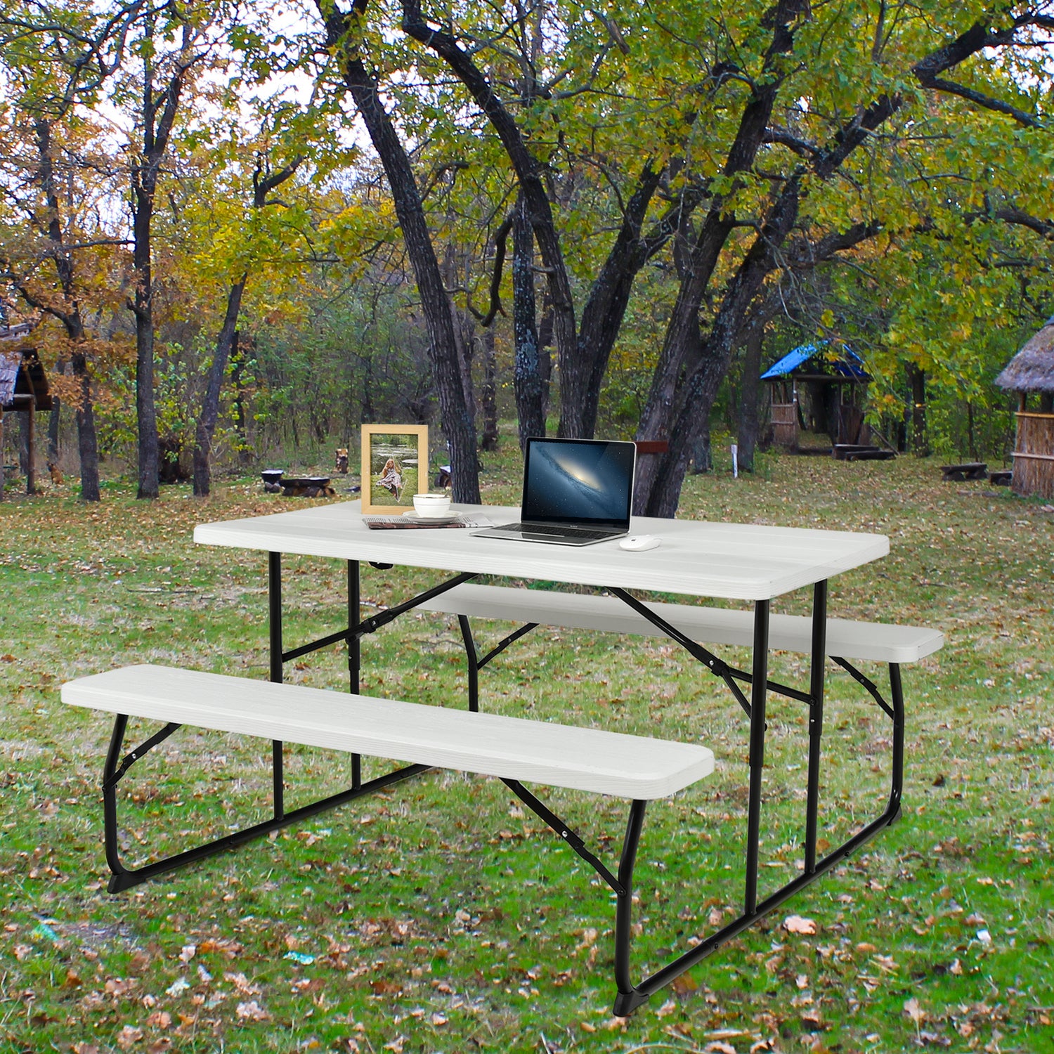 Indoor and Outdoor Folding Picnic Table Bench Set with Wood-like Texture