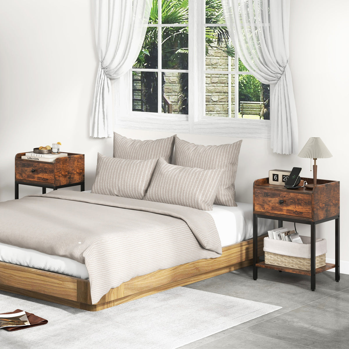 Industrial Bedside Table Nightstand with Charging Station-Rustic Brown