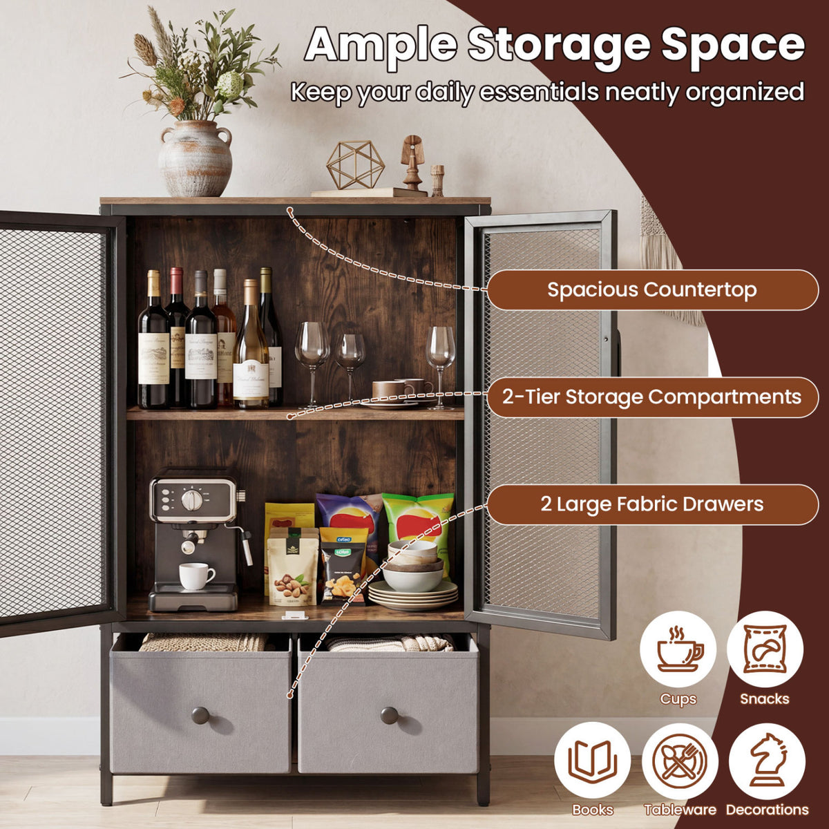 Industrial Coffee Bar Cabinet with 2-Tier Storage Compartment-Rustic Brown