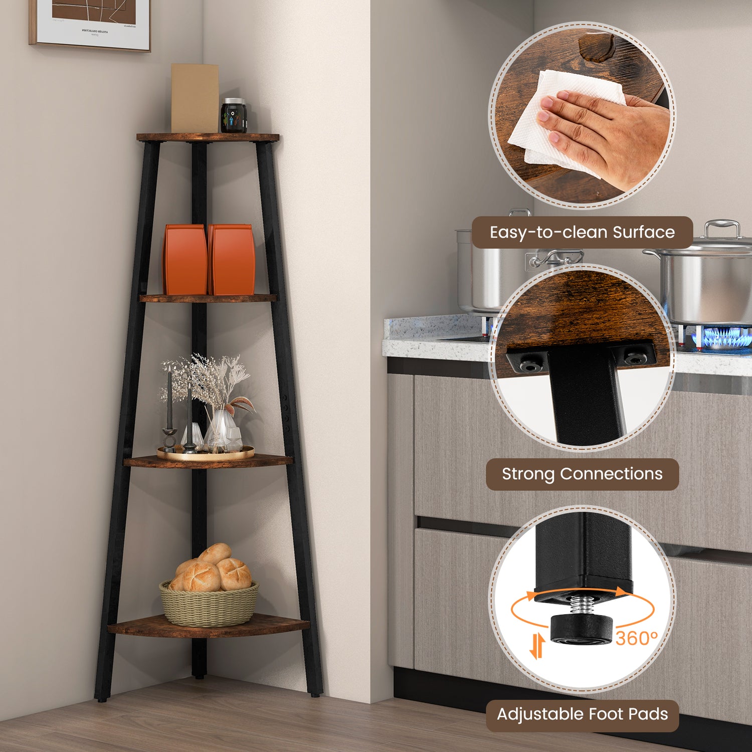 4-Tier Industrial Corner Ladder Shelf Display Rack for Home Office
