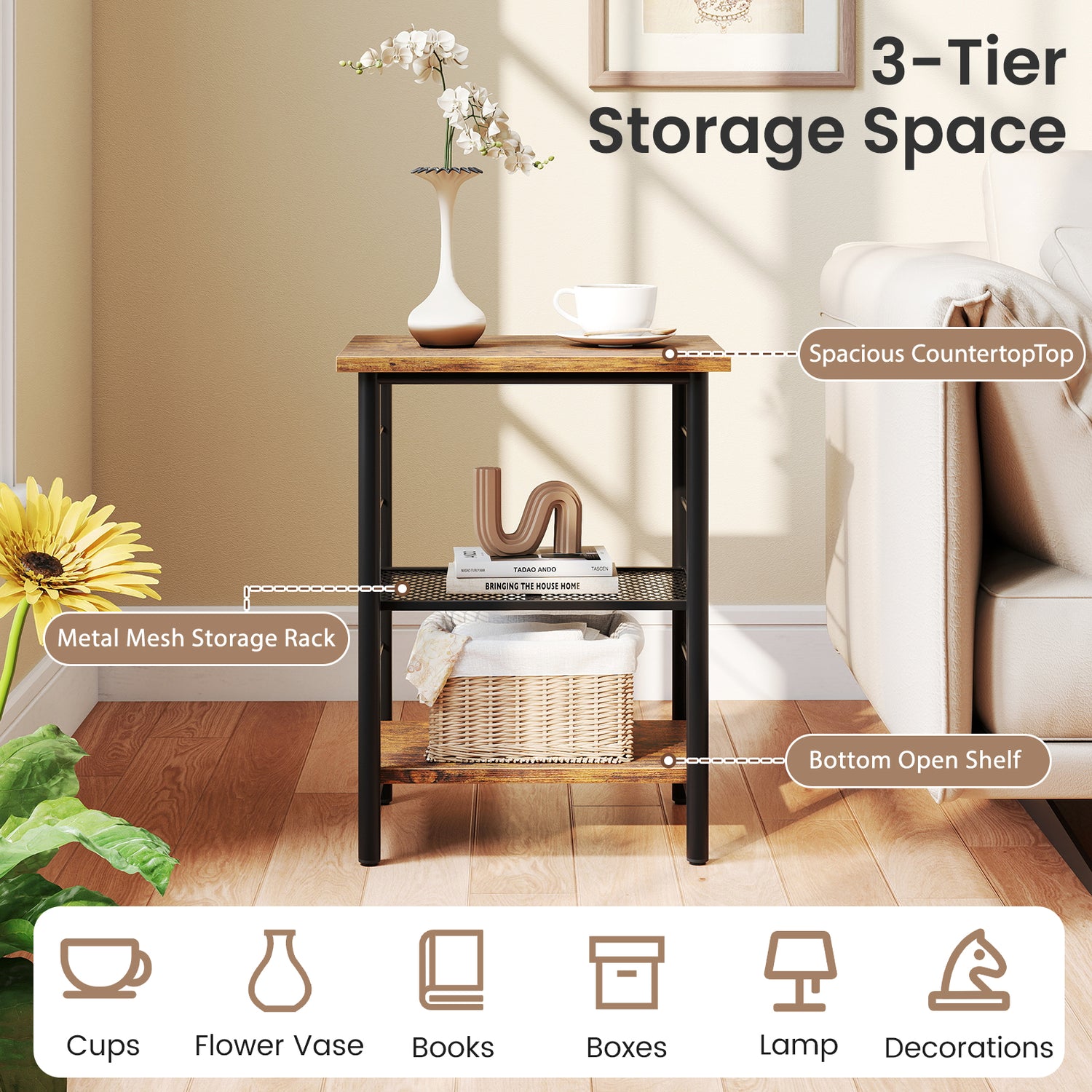 3-Tier End Table Space-Saving Nightstand Industrial Bedside Table for Living Room Bedroom-Rustic Brown