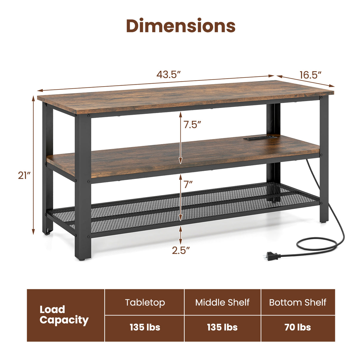 3-Tier Industrial Entertainment TV Stand with Metal Mesh Shelf
