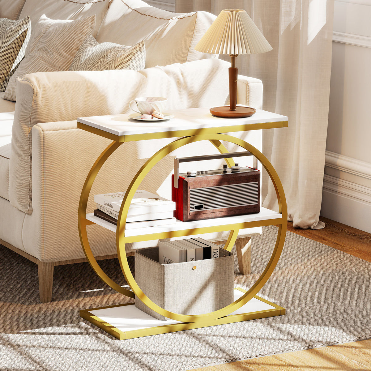 Industrial Faux Marble Side Table with Metal Frame for Living Room Bedroom