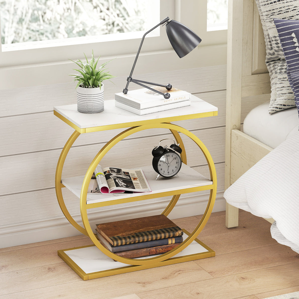 Industrial Faux Marble Side Table with Metal Frame for Living Room Bedroom