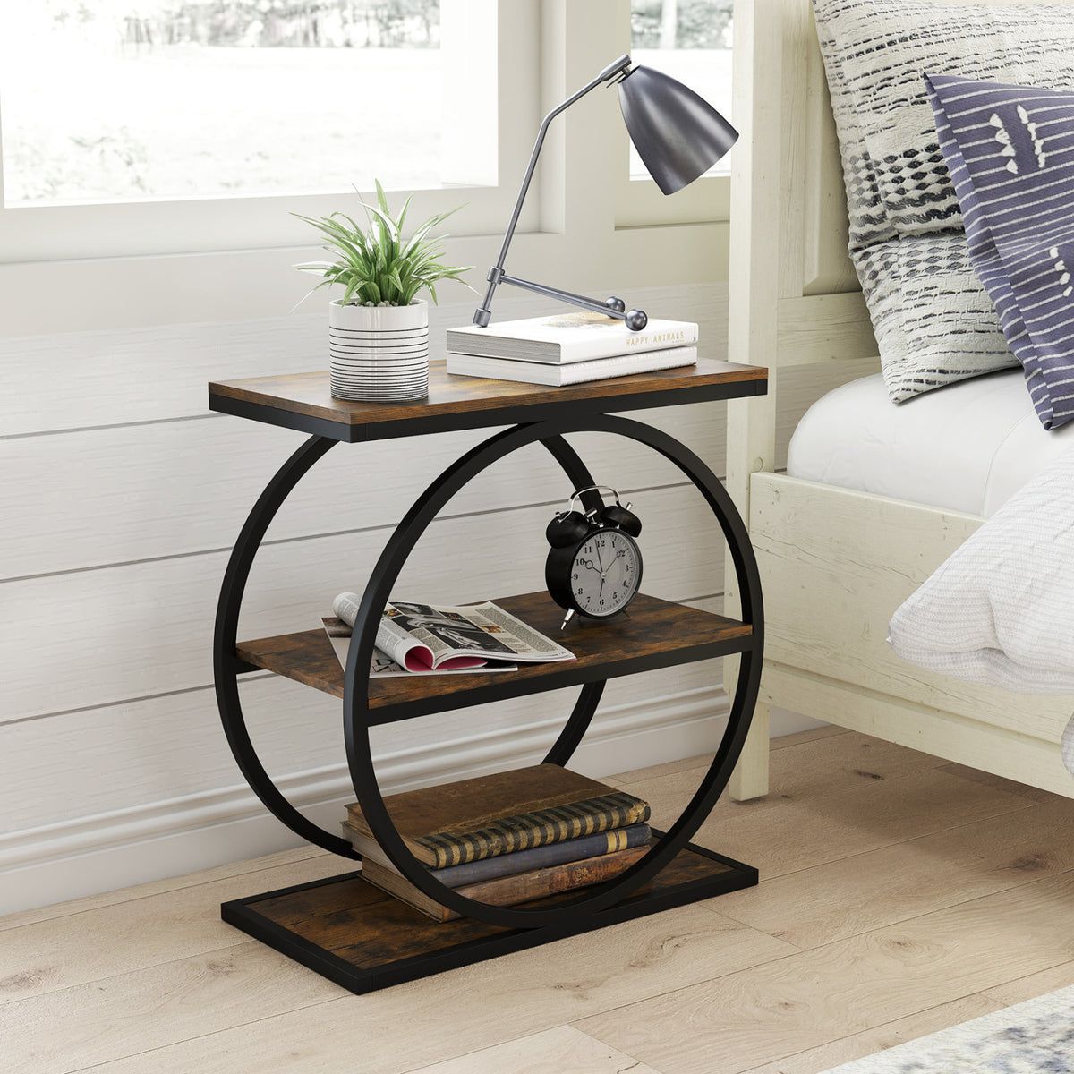 Industrial Faux Marble Side Table with Metal Frame for Living Room Bedroom