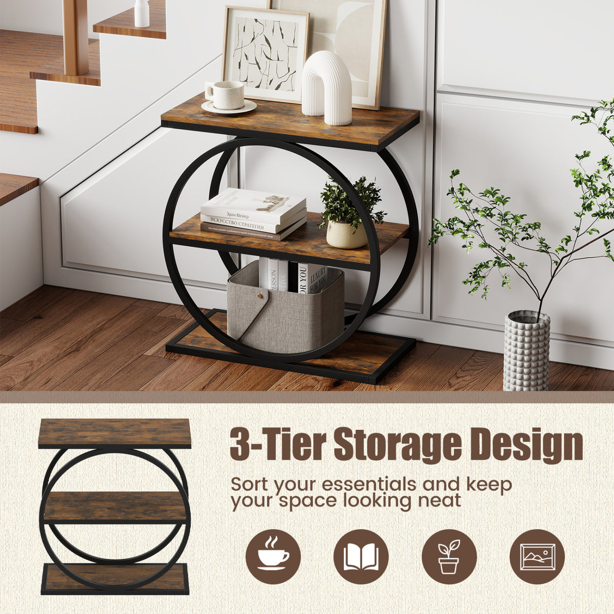 Industrial Faux Marble Side Table with Metal Frame for Living Room Bedroom