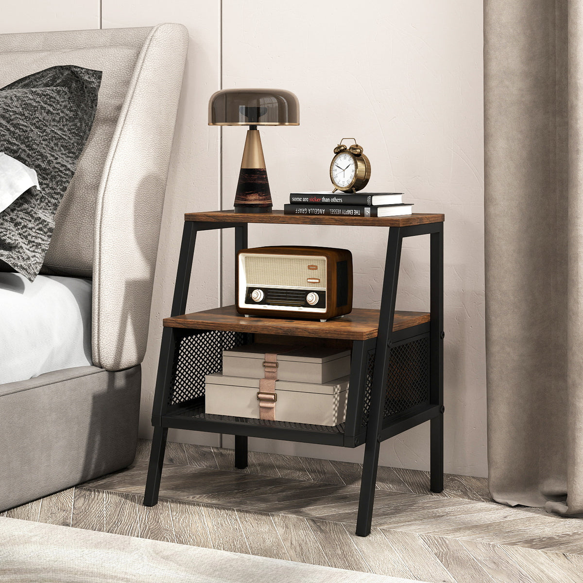 Industrial Nightstand 3-Tier End Table with 2 Open Shelves and Metal Mesh Compartment-Rustic Brown