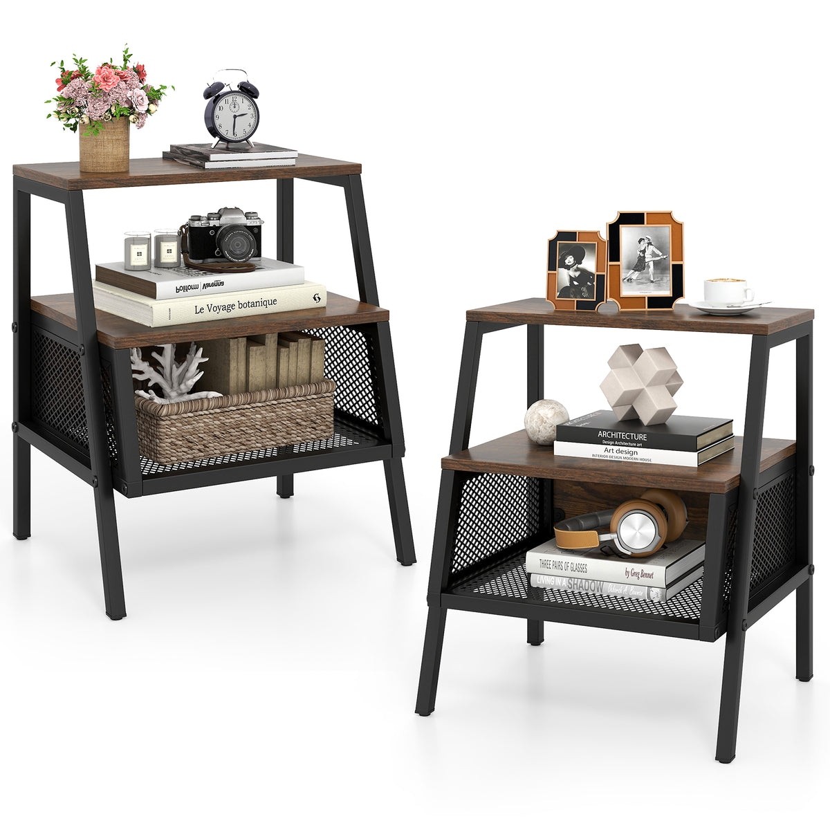 Industrial Nightstand 3-Tier End Table Set of 2 with 2 Open Shelves and Metal Mesh Compartment-Rustic Brown