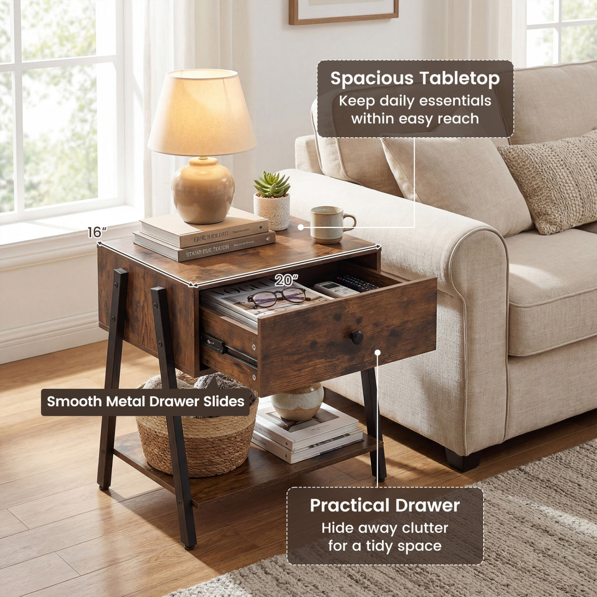 Industrial Nightstand with Drawer and Adjustable Foot Pads for Bedroom-Rustic Brown