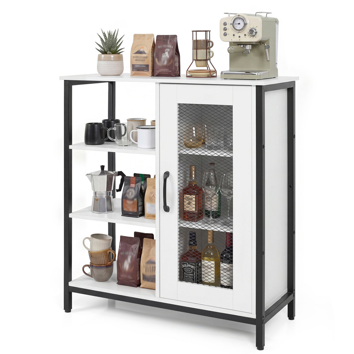 Industrial Side Cabinet with Metal Mesh Door and 3 Open Shelves