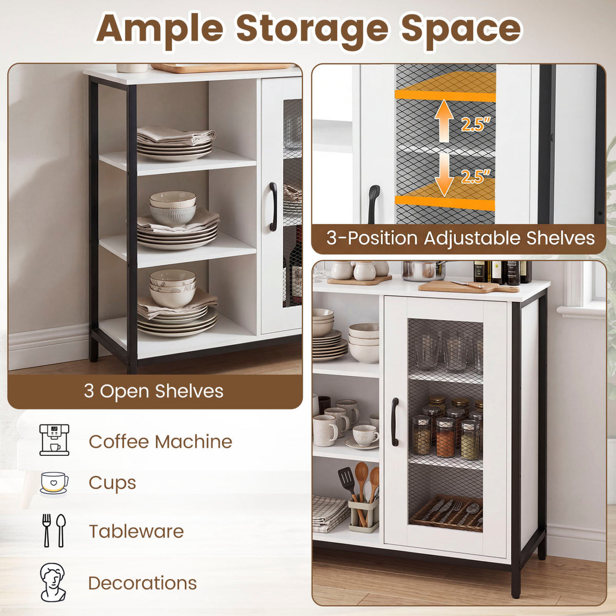 Industrial Side Cabinet with Metal Mesh Door and 3 Open Shelves