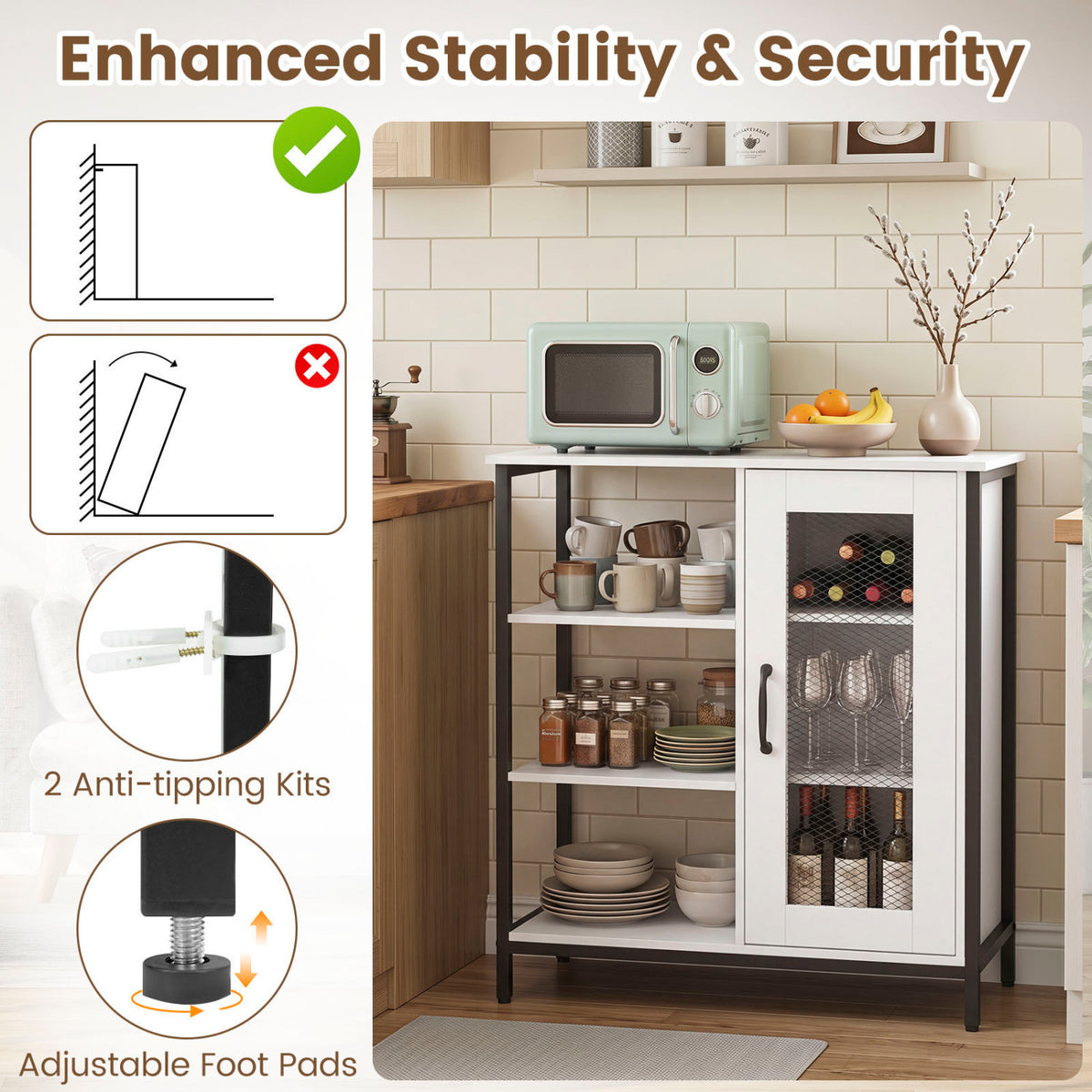 Industrial Side Cabinet with Metal Mesh Door and 3 Open Shelves