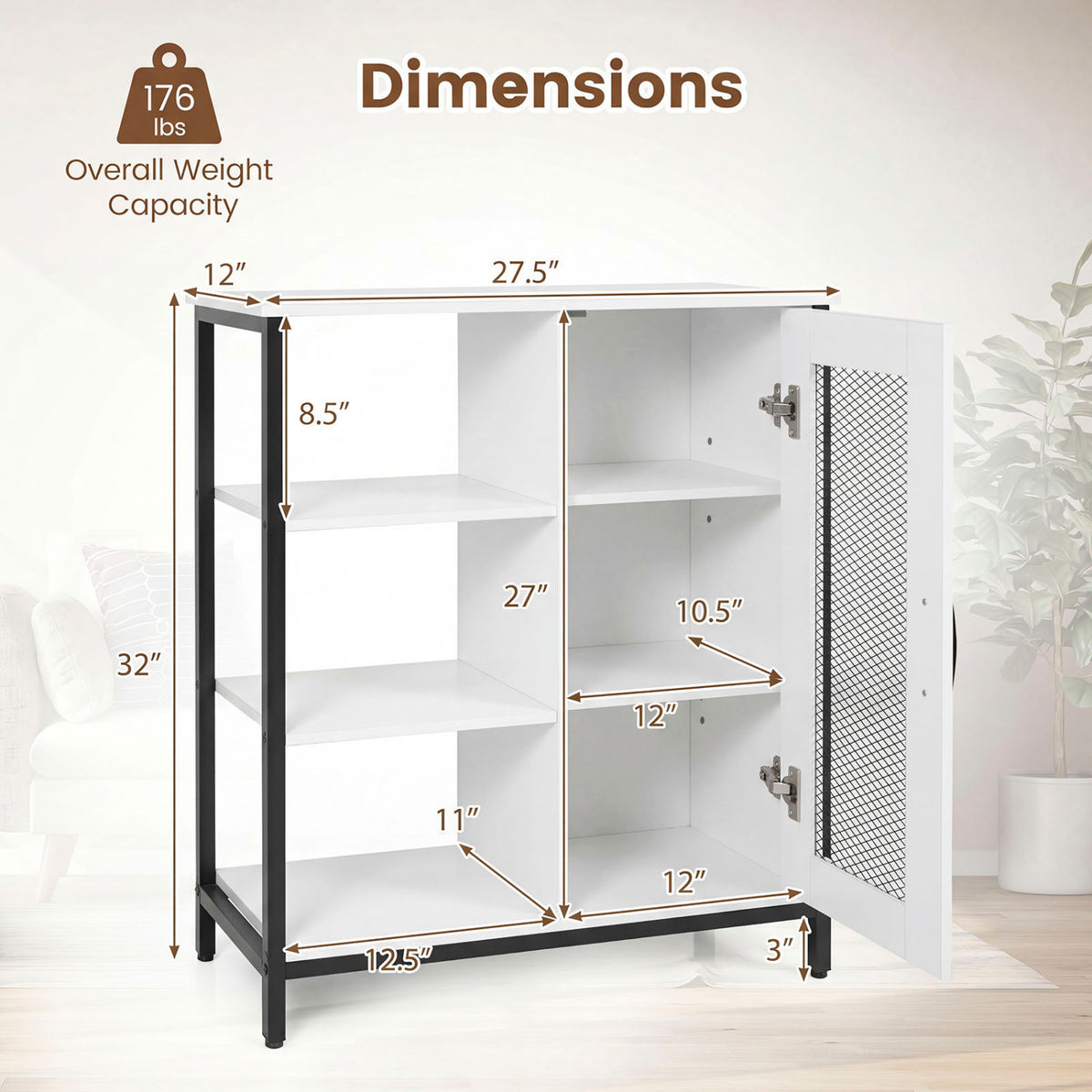 Industrial Side Cabinet with Metal Mesh Door and 3 Open Shelves