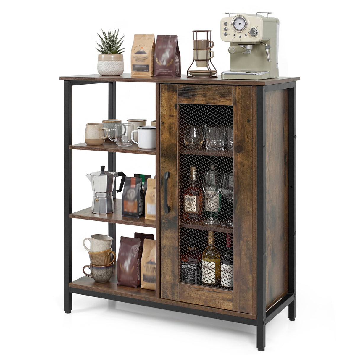 Industrial Side Cabinet with Metal Mesh Door and 3 Open Shelves