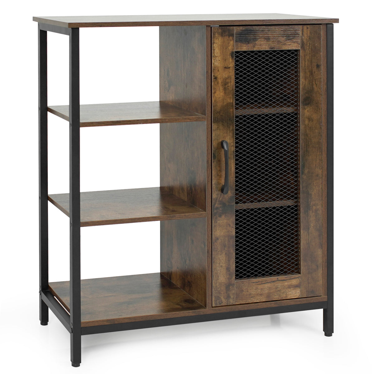 Industrial Side Cabinet with Metal Mesh Door and 3 Open Shelves