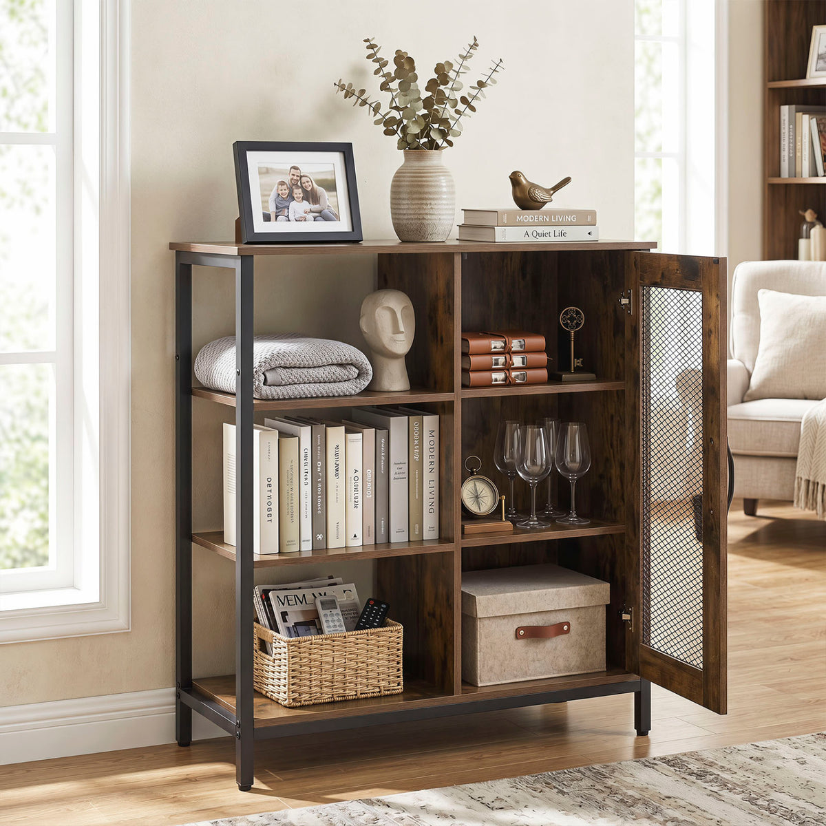 Industrial Side Cabinet with Metal Mesh Door and 3 Open Shelves