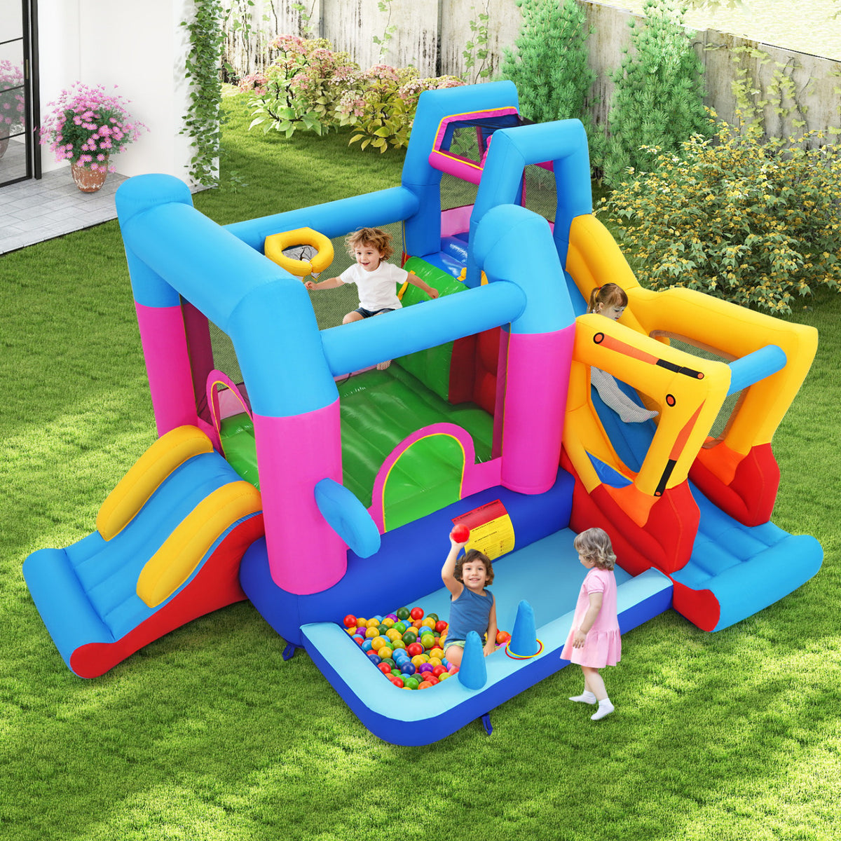 Inflatable Bounce House 8-in-1 Excavator Themed Kids Bouncer with 750W Blower
