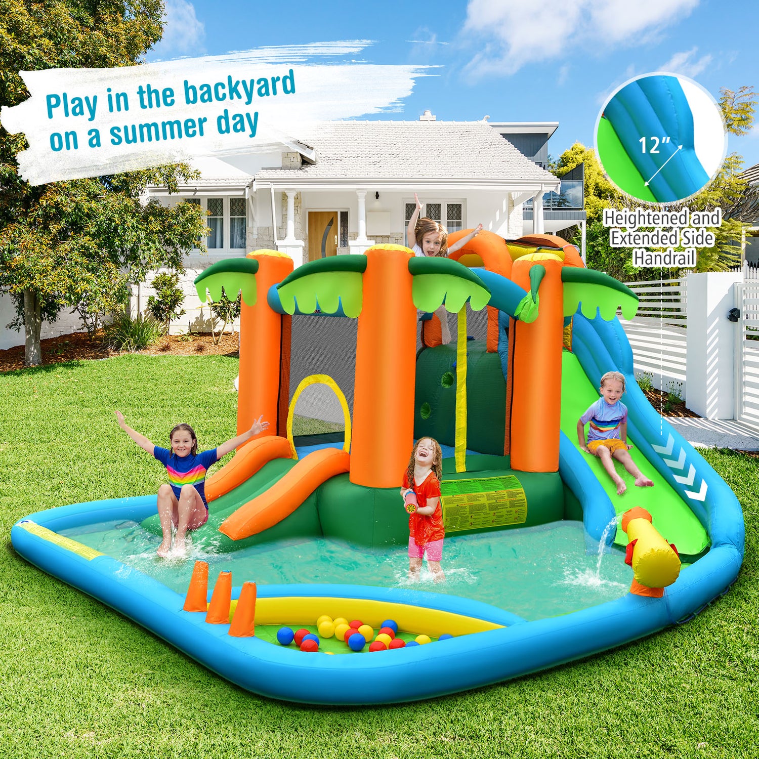 7-in-1 Inflatable Water Slide Park with Trampoline Climbing and 680W Blower