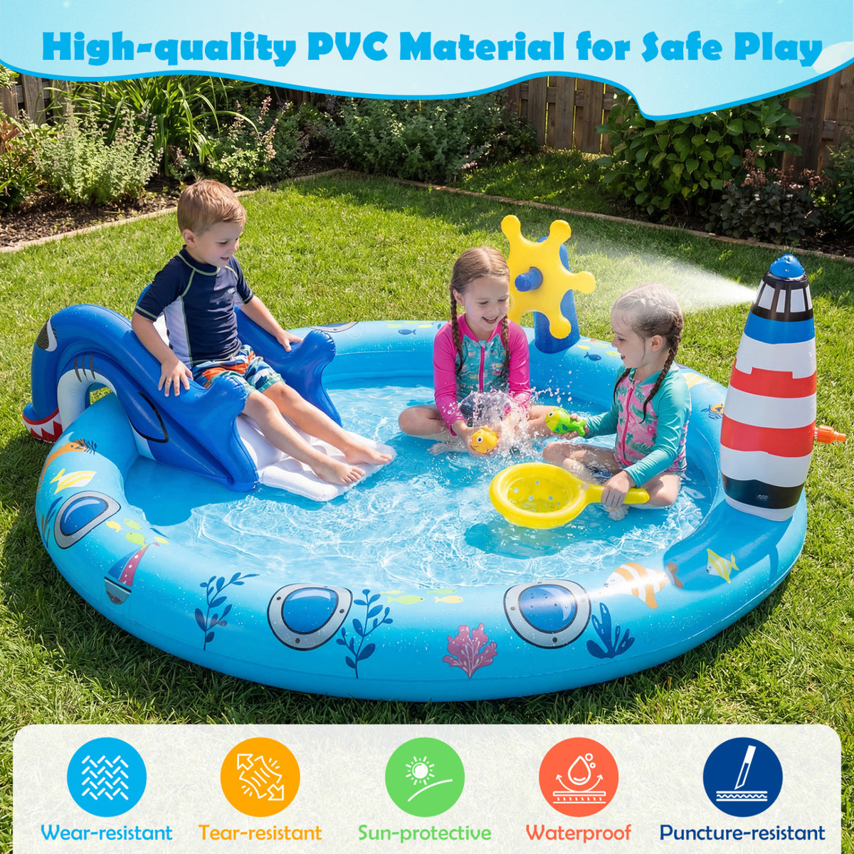 Inflatable Play Center Marine Life Spray Pool with Shark-shaped Slide Lighthouse Sprinkle