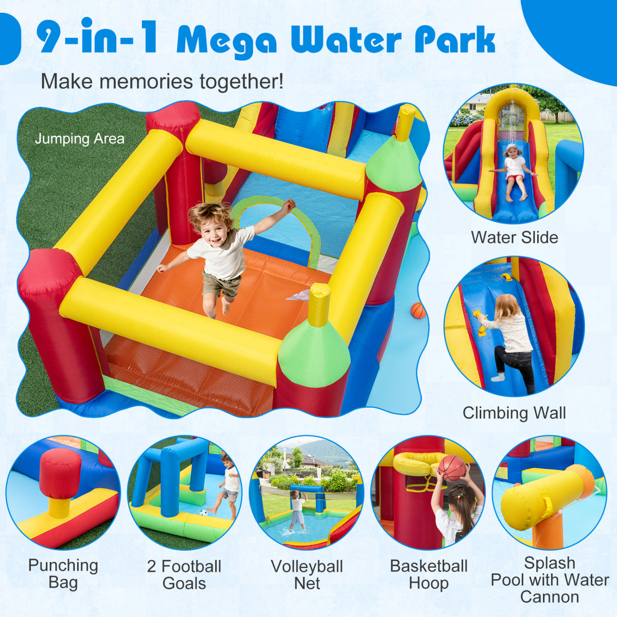 Inflatable Water Slide Bounce House 9-in-1 Jumping Castle with 750W Blower