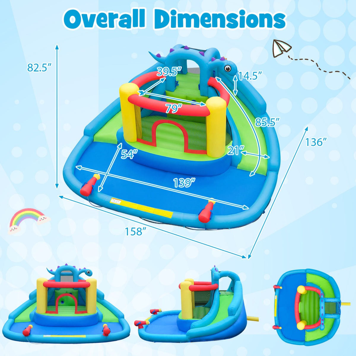 Dinosaur-themed Kids Inflatable Bounce House with Double Slides and 750W Blower