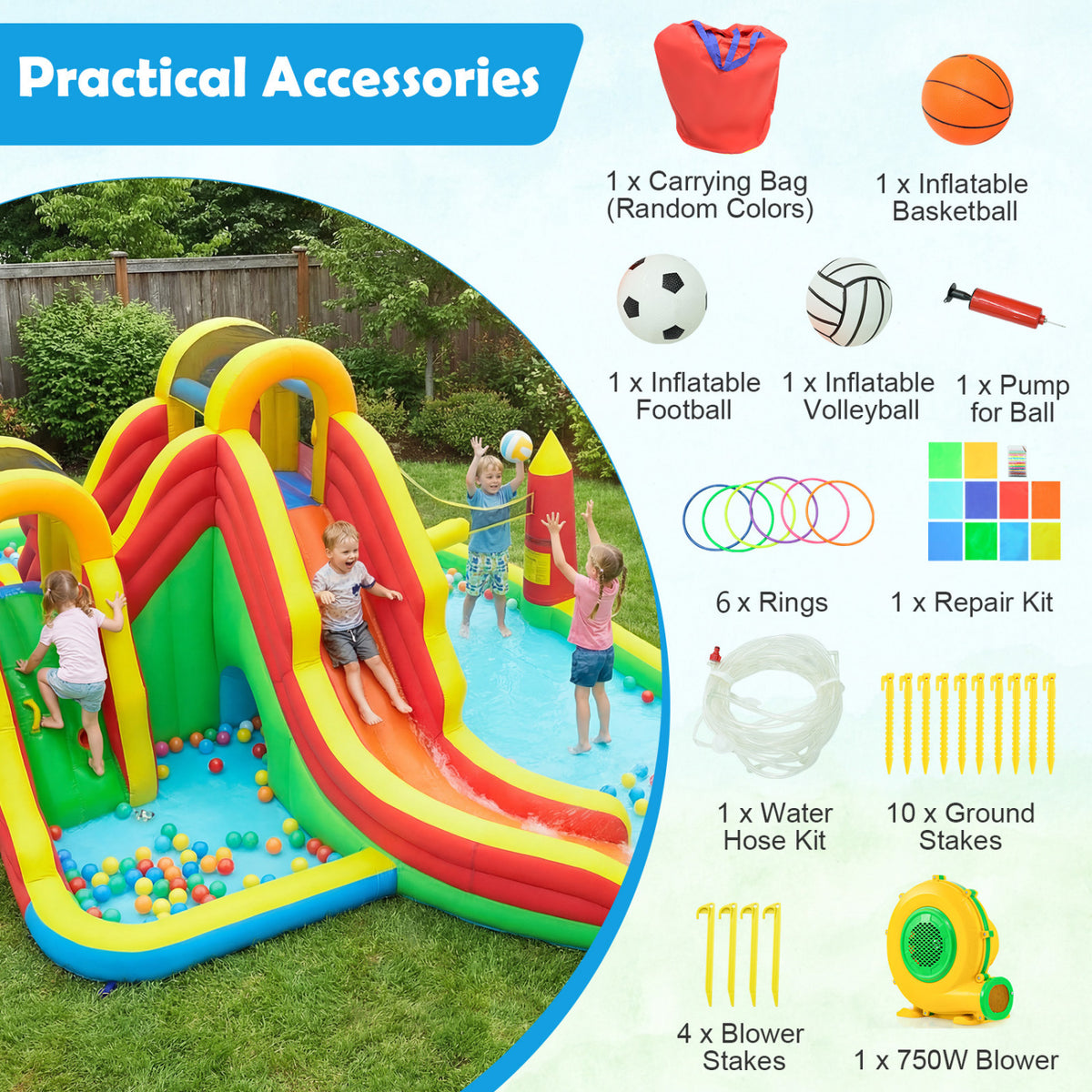 Inflatable Water Slide Park with 2 Long Slides and 750W Air Blower
