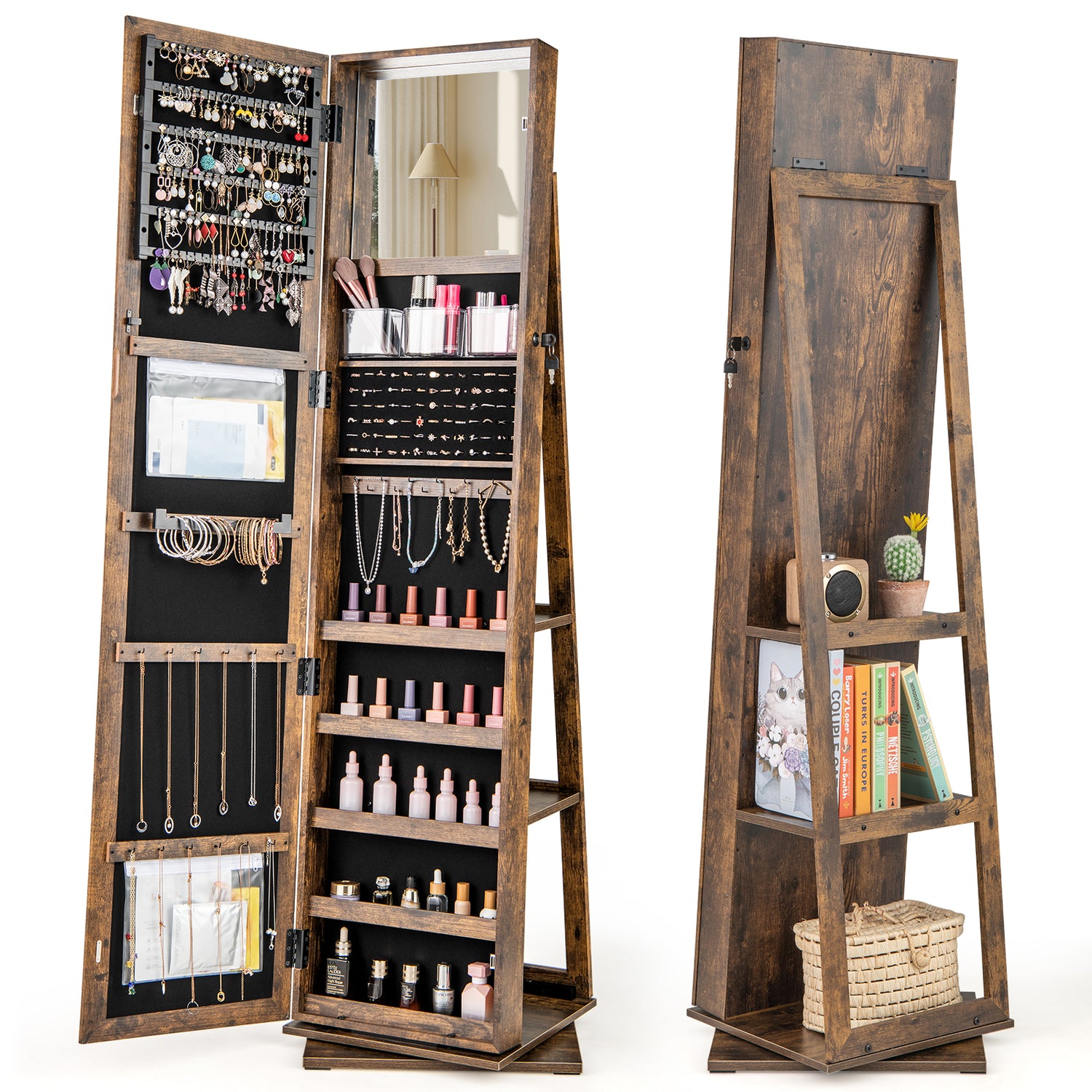 360° Swivel Jewelry Armoire Standing Jewelry Organizer with Full Length Mirror and Back Shelves