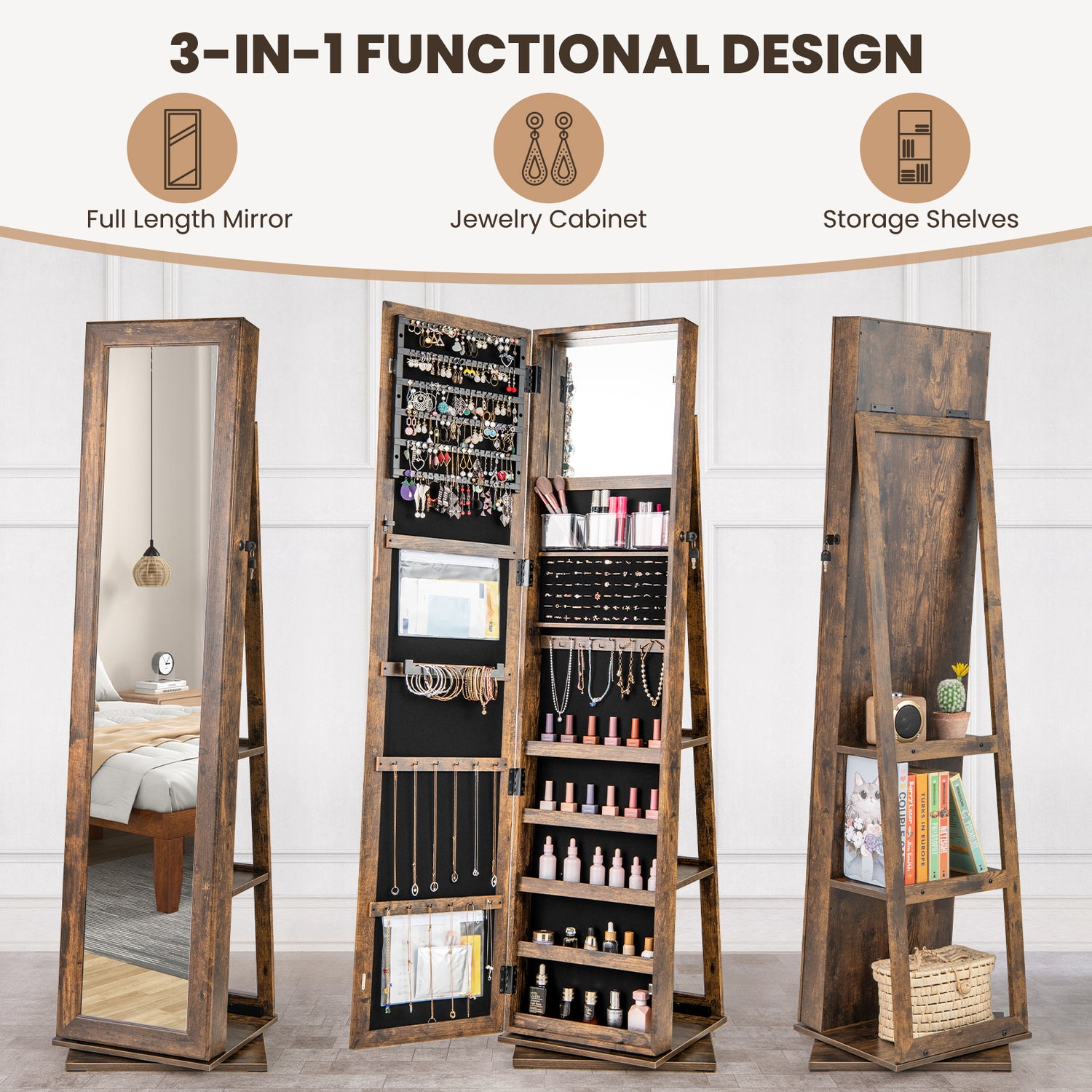 360° Swivel Jewelry Armoire Standing Jewelry Organizer with Full Length Mirror and Back Shelves