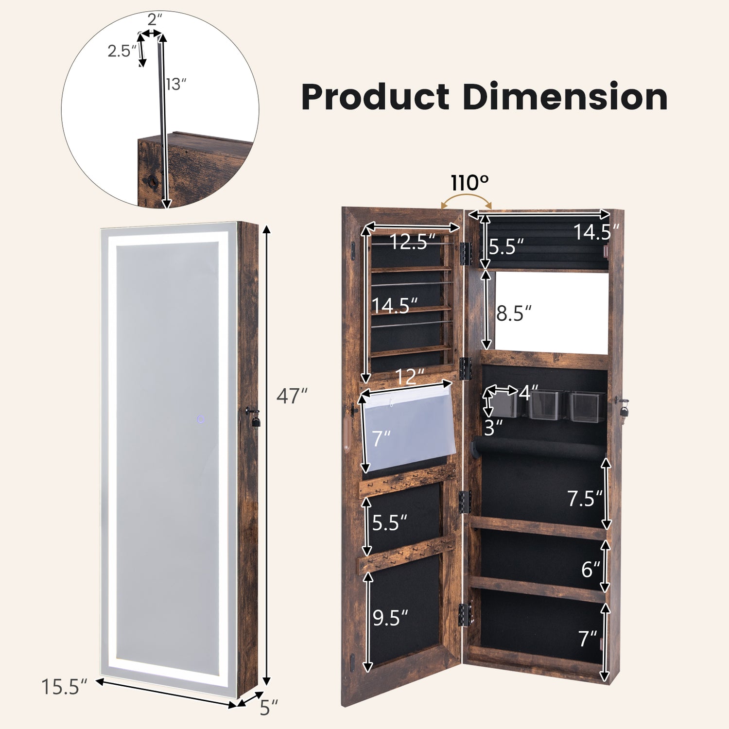 Mirrored Jewelry Armoire with Full Length Mirror and 2 Internal LED Lights