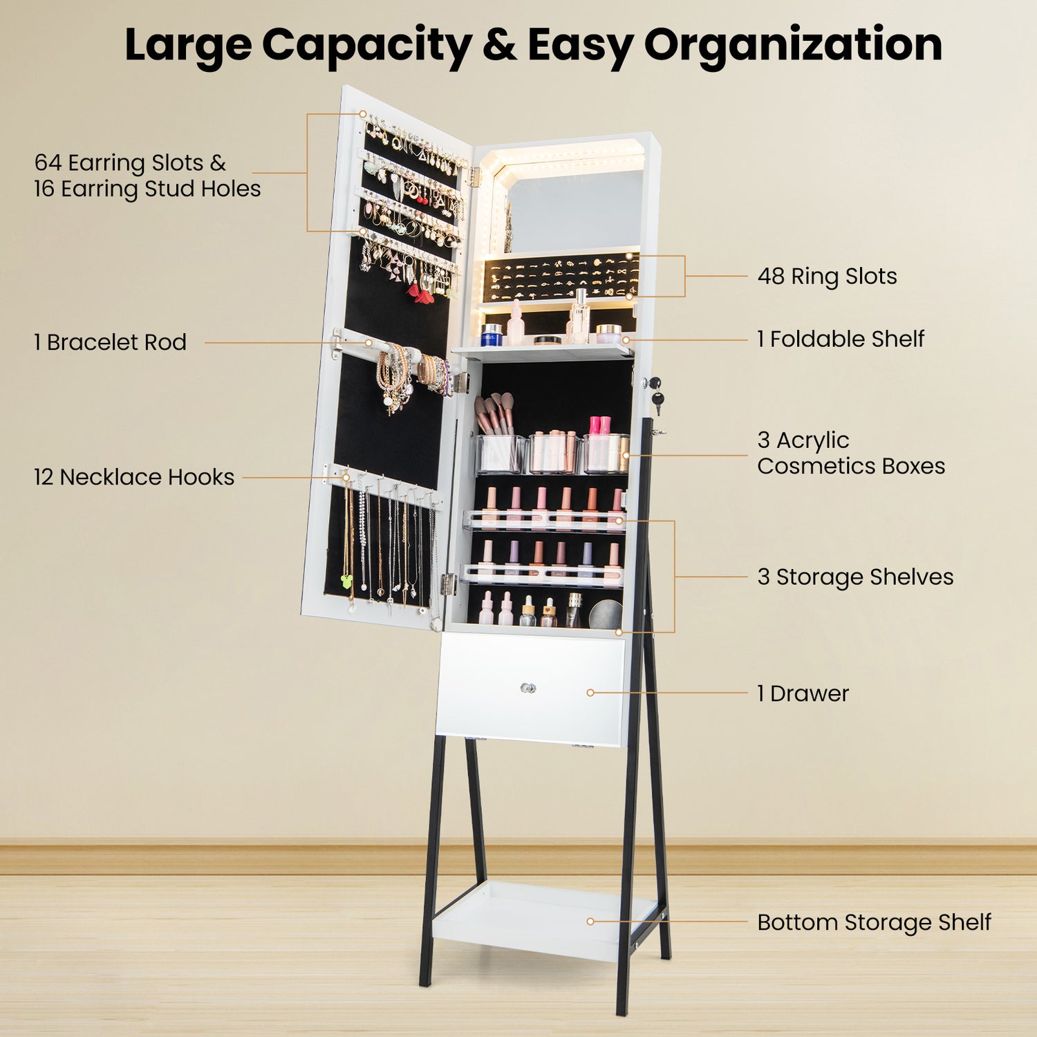 Lockable Freestanding Jewelry Organizer with Full-Length Frameless Mirror
