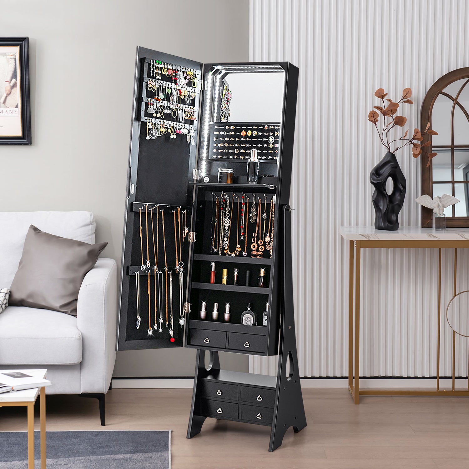 Freestanding Full Length LED Mirrored Jewelry Armoire with 6 Drawers