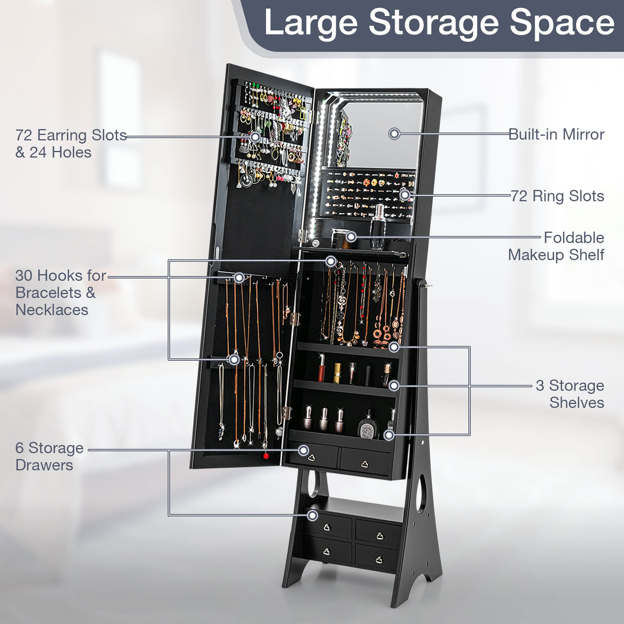 Freestanding Full Length LED Mirrored Jewelry Armoire with 6 Drawers
