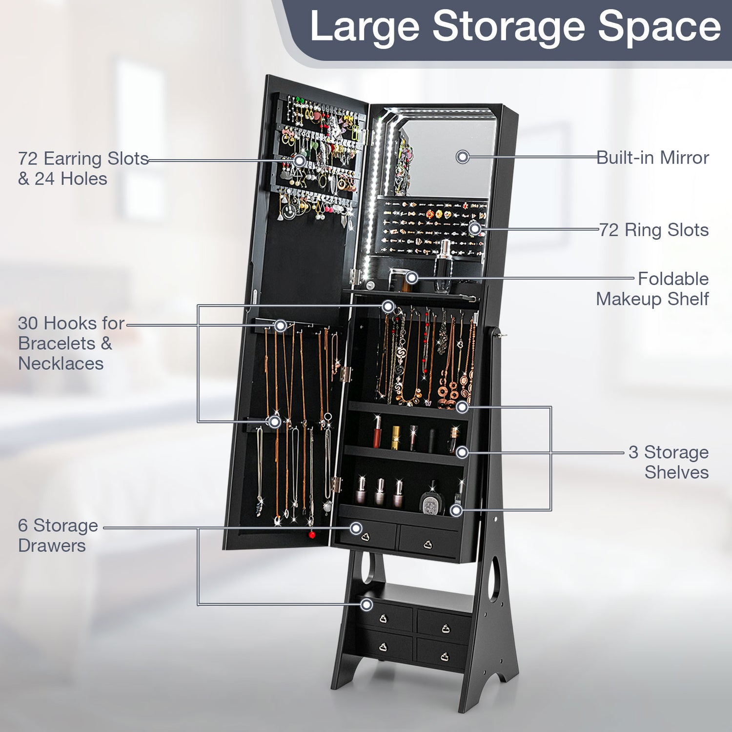 Freestanding Full Length LED Mirrored Jewelry Armoire with 6 Drawers