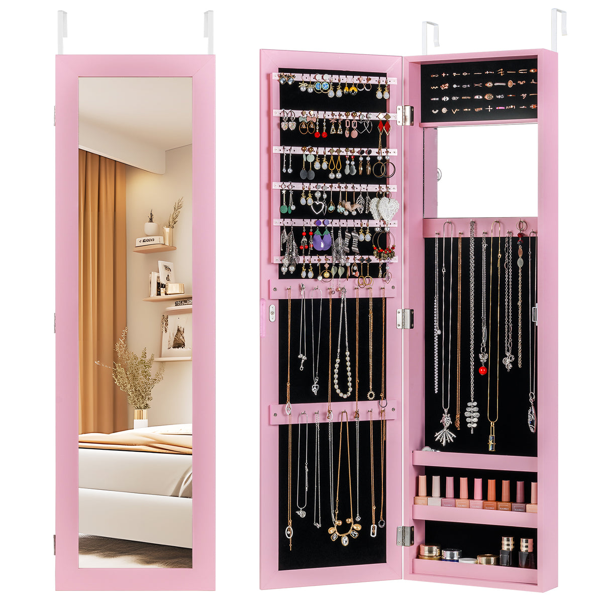 Full Length Mirror Jewelry Cabinet with Ring Slots and Necklace Hooks