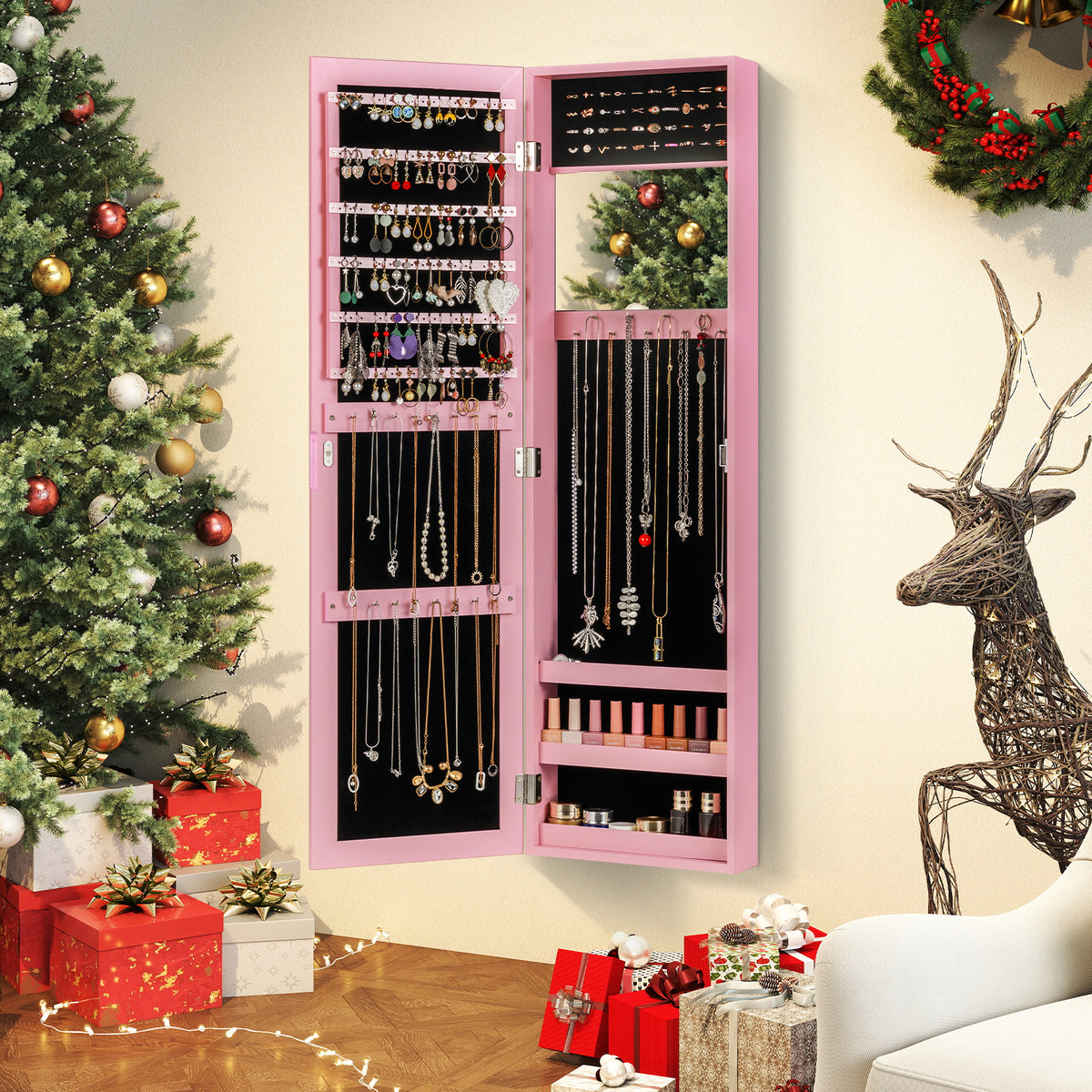 Full Length Mirror Jewelry Cabinet with Ring Slots and Necklace Hooks
