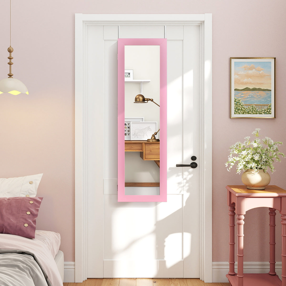 Full Length Mirror Jewelry Cabinet with Ring Slots and Necklace Hooks