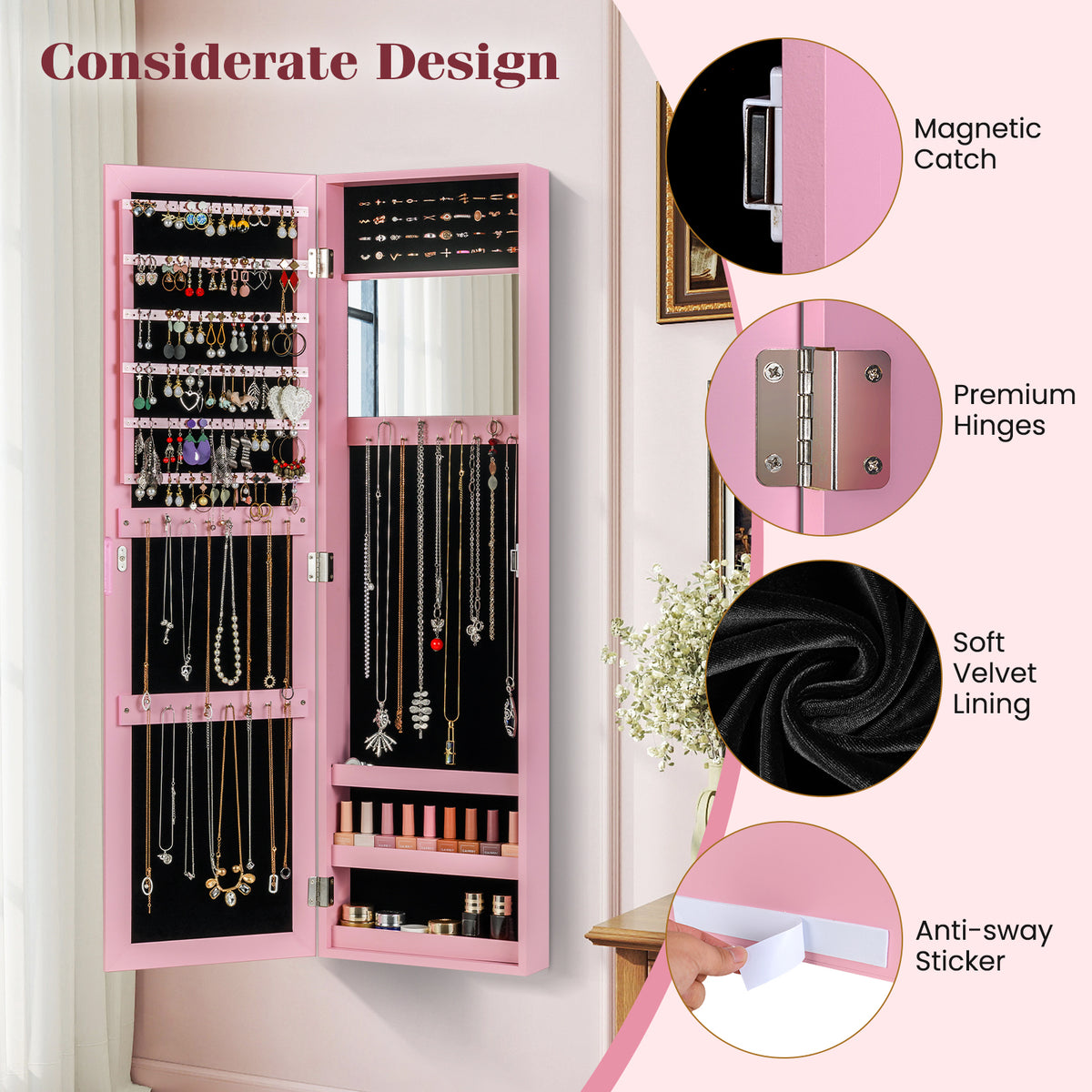 Full Length Mirror Jewelry Cabinet with Ring Slots and Necklace Hooks