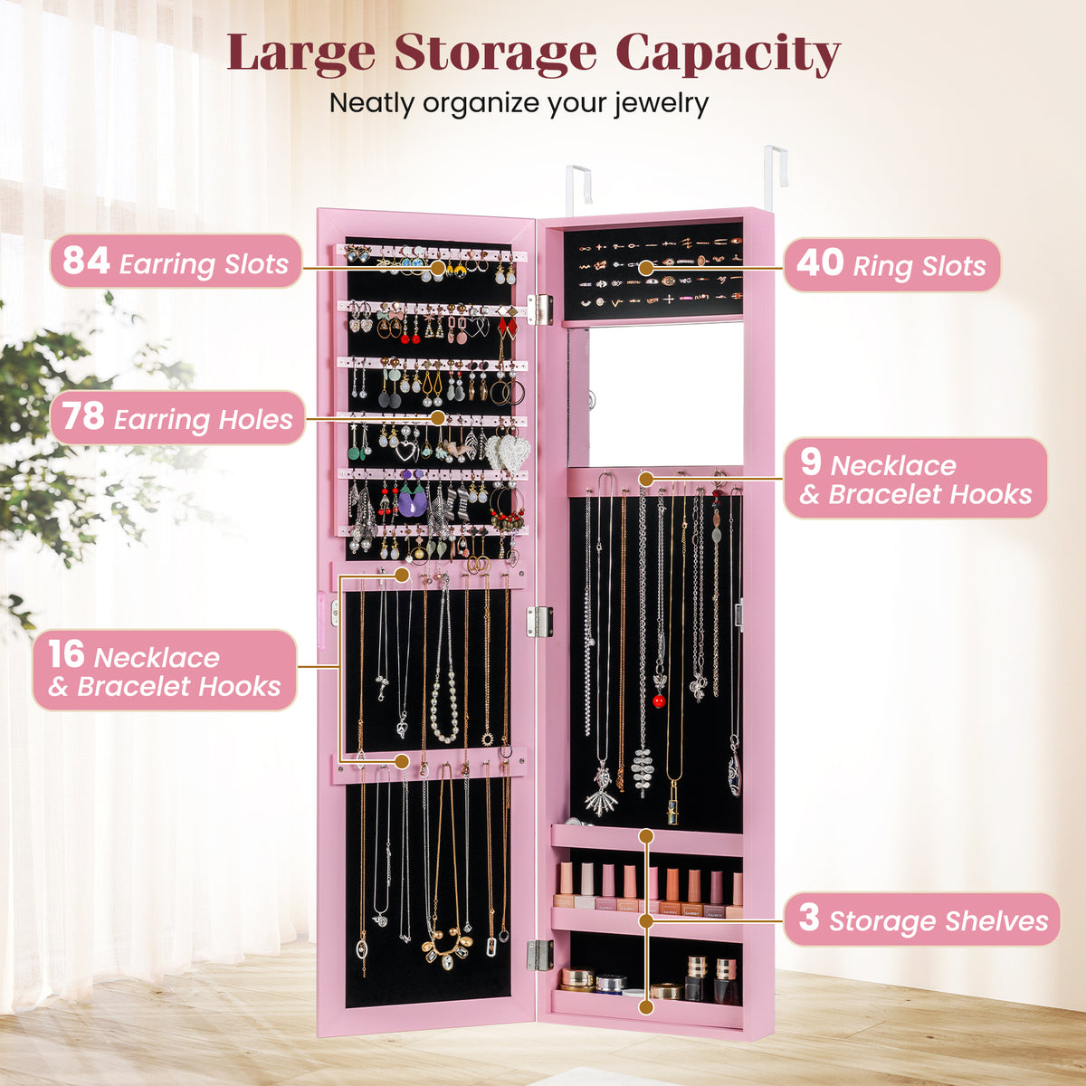 Full Length Mirror Jewelry Cabinet with Ring Slots and Necklace Hooks