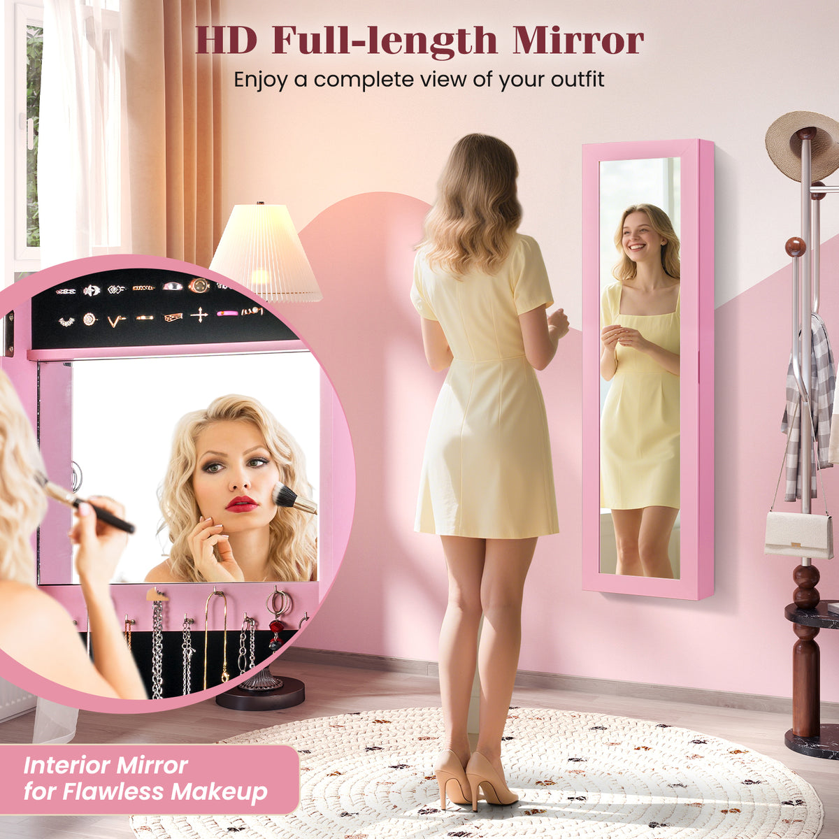Full Length Mirror Jewelry Cabinet with Ring Slots and Necklace Hooks