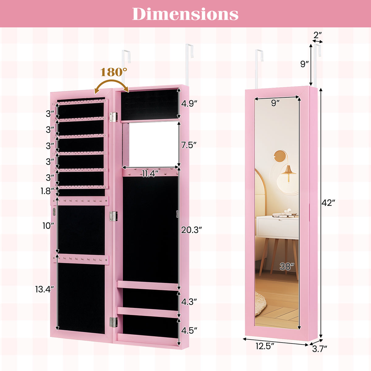 Full Length Mirror Jewelry Cabinet with Ring Slots and Necklace Hooks